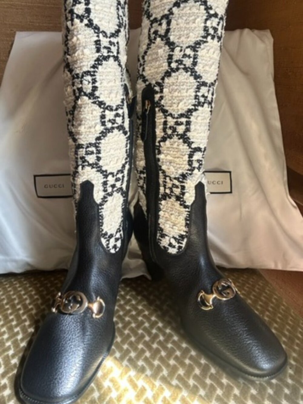 Gucci Zumi Tweed Gucci Signature Leather Horse Front Bit Side Zip Knee High Boot